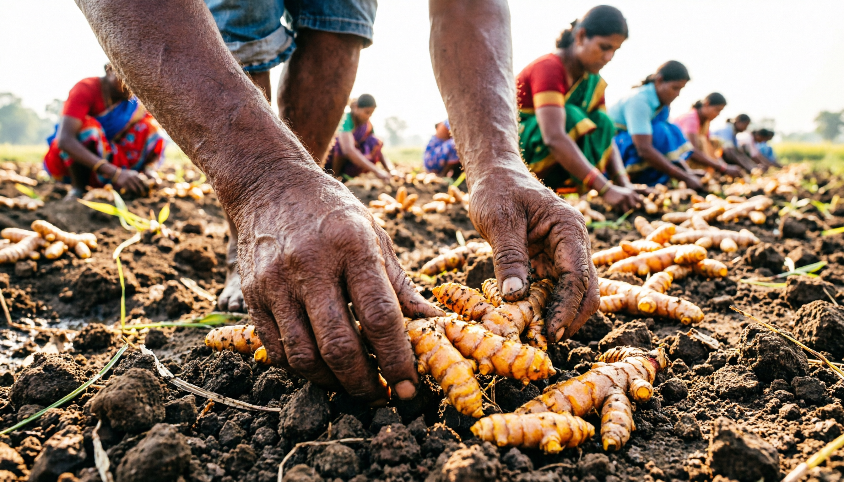 Farmers harvesting turmeric rhizomes by hand in Kandhamal
